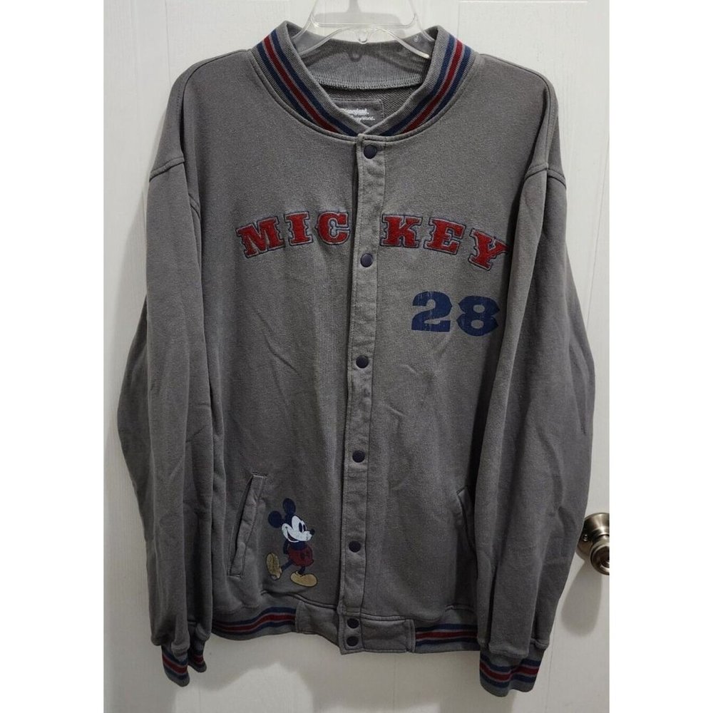 Disney‎ Mickey Mouse Gray Long Sleeve Button Up Varsity Jacket #28 Size L Cotton